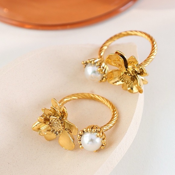 18K Gold Plated Flower Floral Ring*Open Ring*Pearl*Vintage Inspired Artsy*ML - Picture 3 of 8